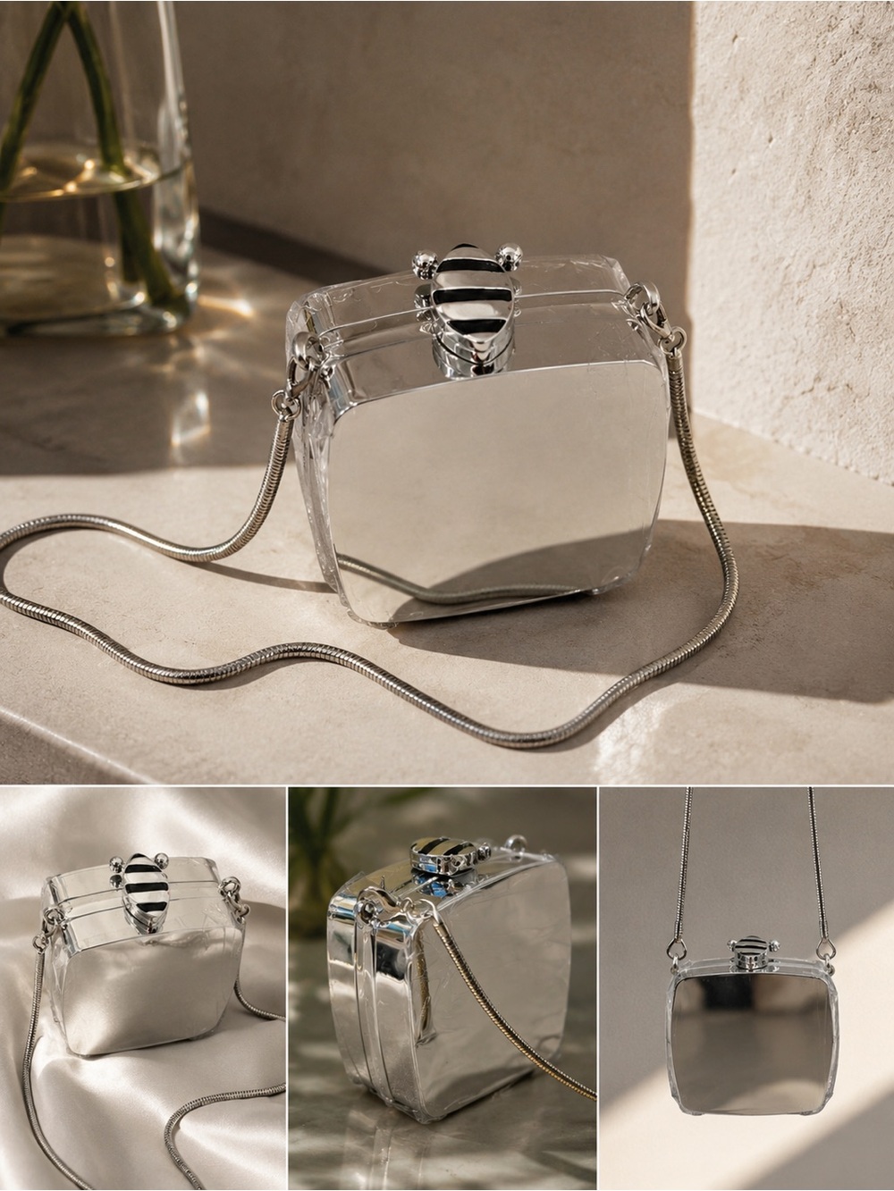COCKTAIL Silver Acrylic Micro Cocktail Bag Removable Chain Mini Purse 2.5”